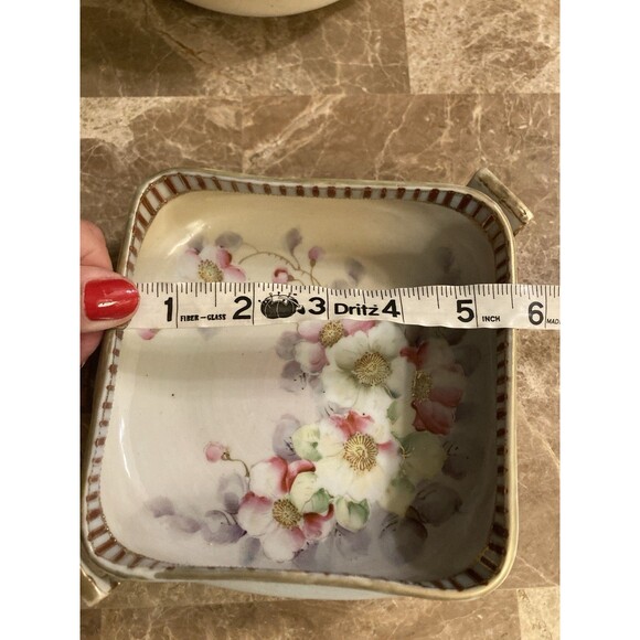 Antique Japanese Nippon Porcelain Square Bowl Floral Decoration 2 Handles 5.5” - Picture 10 of 10
